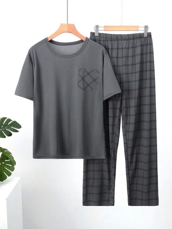 طقم بيجامة رجالي خفيف الوزن بقميص كم قصير وبنطلون طويل، بدلة نوم صيفية قطعتان