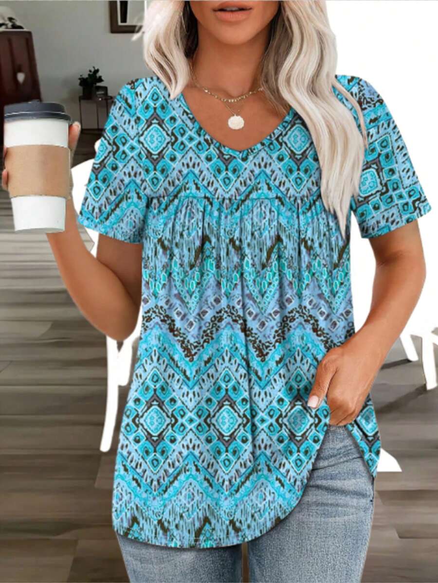 大码女式V领休闲印花短袖T恤