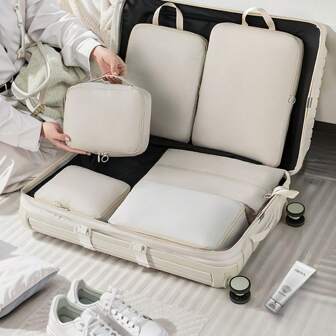 6pcs Beige Soft Polyamides Portable Travel Compression Storage Luggage Bag Set - Organize Your Clothing, Shoes, Socks, And Underwear With Ease - Perfect For Luggage And Suitcase Packing Slogan Graphic Travel Storage Bag Portable With Shoe Toiletry And Laundry Bags School Supplies School Stuff For School For College Dorm Room Decor Bedroom Decor Dorm Essentials For Student Teacher Waterproof Luggage Suitcase Organizer & Travel Accessories