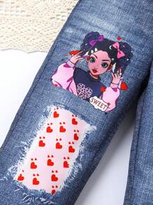 Set de 2 piezas, Conjunto adorable para niñas, de tela suave, transpirable y cómoda, con estampado de personajes de dibujos animados en la parte superior de cuello redondo y manga corta, y pantalones largos con gráfico de corazón, adecuado para uso casual, diario, vacaciones y fiesta
