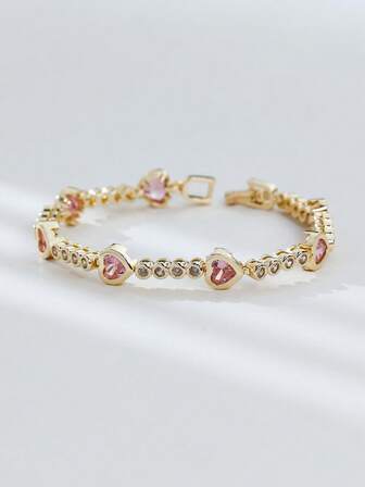 1pc Elegant Heart-Shaped Synthetic Zirconia Clustered Tennis Bracelet For Women, Luxurious Gift For Valentine's Day/Birthday
