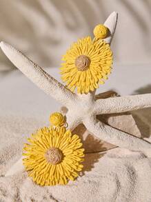 Tropiscape 1 Pair Bohemian Style Handmade Woven Raffia Straw Round Sunflower Pendant Earrings Autumn Christmas Christmas Winter Christmas Gifts