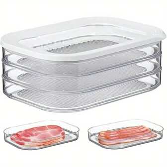 Läckagesäker matförvaringsbehållare med 3 våningar och lock - Perfekt för pålägg, kalkon och lunchkött - Hållbar plast, köksnödvändigt