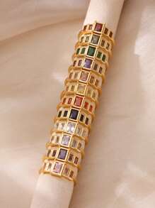 Inele vintage colorate din oțel inoxidabil cu zirconiu cubic, inel deschis anti-decolorare placat cu aur de 18K cu piatră pătrată pentru femei, accesorii pentru bijuterii de nuntă, cadouri de ziua de naștere pentru mama/cea mai bună prietenă