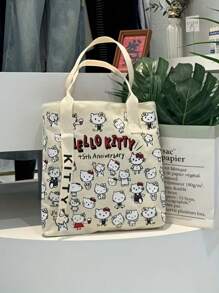 Sanrio 1 Stück Hello Kitty Kosmetiktasche Damen Große Kapazität Einkaufstasche, Reise-Schultertasche, Große Kapazität wiederverwendbare Einkaufstasche faltbar, Damen Segeltuch Tragetasche mit Uhrenarmband - Reißverschluss, Polyester Futter