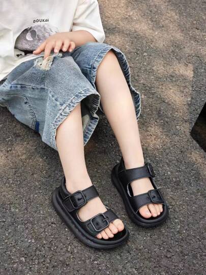 1 Pair Of Black Thick-Soled Double-Button Children's Sandals For Boys And Girls Aged 3 To 12 | Comfortable, Durable And Soft Hook And Loop Straps | Summer Outings, Beach Parties And Trips