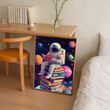 1pc Astronaut Sitting On Book Space Themed Canvas Print Poster, Modern Wall Art Decor, Painting Suitable For Home, Bedroom, Living Room, Kitchen, Bathroom, Office, Home Decor, Dorm Room, Bedroom Decor, Wall Decor, Classroom Decor