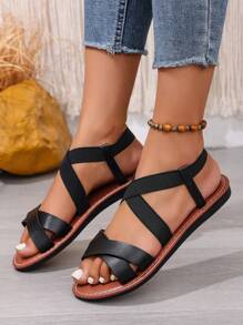 Women's European & American Style Thick-Sole Lightweight Sandals, Elastic Strap Outdoor Casual Cross Design Platform Beach Shoes, Fashion & Cute