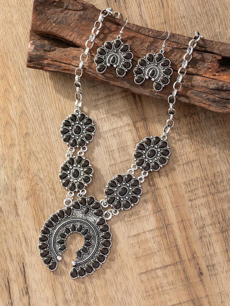1 Set Women's Retro Bohemian Crescent Turquoise Necklace & Earrings - Black - View 1