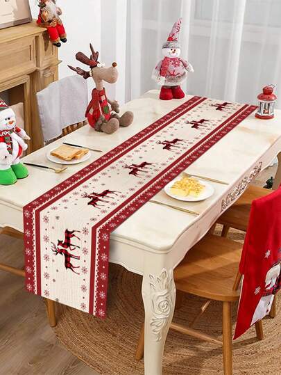 1pc Christmas Table Runner, Elk Snowflake Design Tablecloth, Polyester Table Runners, Table Cover, Table Cloth Perfect Decoration For Christmas Decor, Christmas Party Decor, Room Decor Table Decor Home Decor Kitchen Decor, Xmas Decoration, Christmas Ornaments