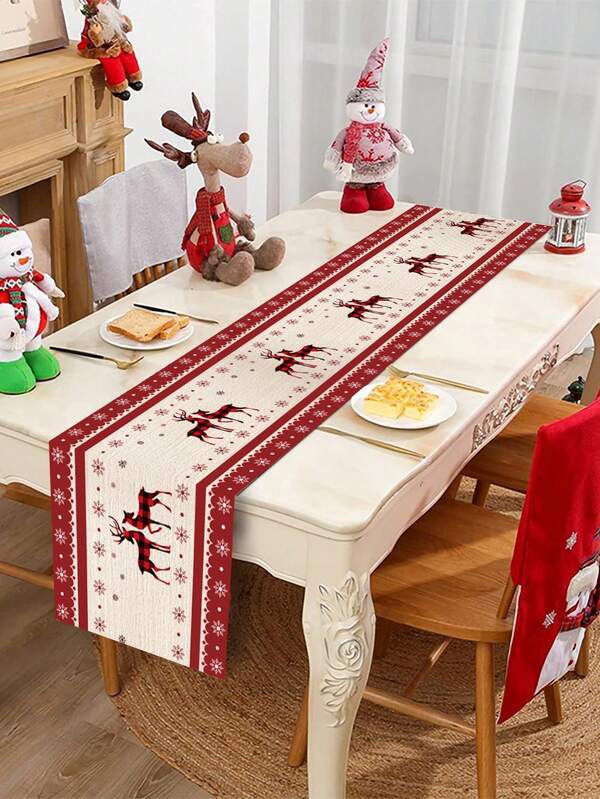 1 pieza Camino de mesa navideño, diseño de renos y copos de nieve, mantel de poliéster, cubierta de mesa, ideal para decoración navideña, fiesta de Navidad, decoración de habitación, decoración de mesa, decoración del hogar, decoración de cocina, decoración de Navidad, adornos navideños