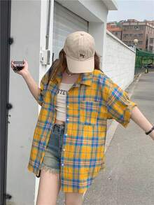 1 件女士休闲格子涤纶纽扣口袋户外格子百搭衬衫，夏季日常穿着