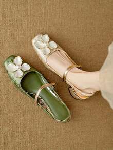Pearl Camellia Bow Slide Sandals, Women Summer French Retro Faux Leather Mid Heel Mules - Green - View 4