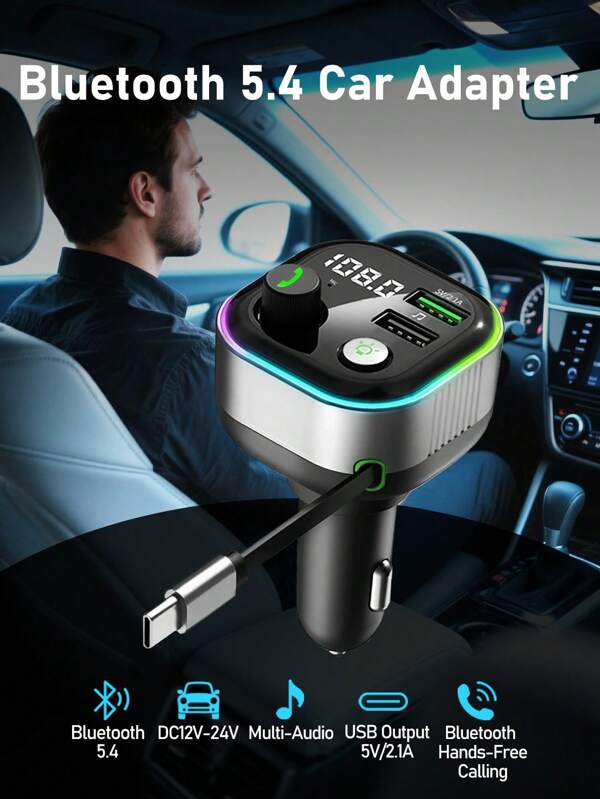 Svintora Auto Bluetooth 5.4 Adapter mit 65W PD3.0 Schnelllade, FM-Sender, automatische Wiederverbindung, Doppel-C- und USB-Anschlüsse, intelligenter Schutz, 7-farbige LEDs für Autos / Lkw / Autos (Upgrade 2025)