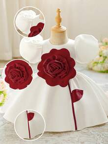 Baby Girls' Puff Sleeve Colorblock Satin Floral Party Dress, Suitable For Flower Girl, Wedding, Birthday, Without Headband - 彩色 - 查看 5