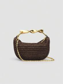 1 pieza Bolso de playa trenzado, nuevo bolso de verano para mujer con asa metálica, mini bolso cruzado con cremallera trenzado, bolso tote casual de paja trenzado, perfecto como accesorio para playa y vacaciones, incluye correa desmontable
