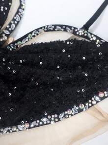 NIKBK 女士黑色水钻亮片网纱心形领口系带肩带侧腰透视修身迷你派对夜店连衣裙，系带设计 - 黑色 - 查看 11
