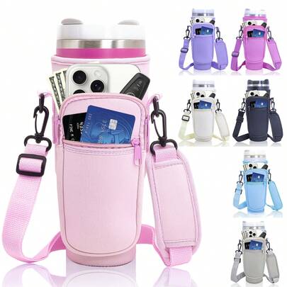 Funda para vaso térmico de 40oz, compatible con el set de accesorios de botella de agua deportiva , tapa del vaso, tapa protectora del vaso de material para buceo, asa para el carro, correa ajustable diagonal, apta para uso al aire libre, ejercicio y uso diario.
