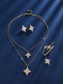 4 件套四角星镶嵌小钻石戒指、项链、耳环、手链首饰套装，极简主义特色单品，适合日常通勤佩戴 - 彩色 - 查看 3
