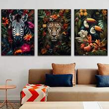 1pc Gift Lion Flamingo Panda Monkey In Flower Jungle Art Posters Wild Animals Art Canvas Painting Print Wall Arts Picture Home Decor Optional Frame - Multicolor - View 2