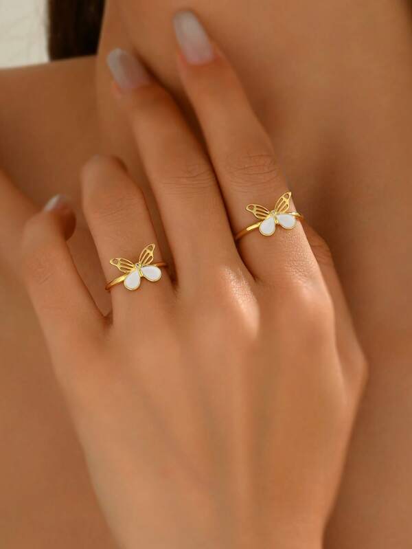 1pc Fashionable Enamel Butterfly Decor Open Ring, Women's Jewelry CZ Stone Holiday Gift