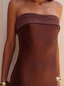 Satin Silk Strapless Maxi Dress For Women Off Shoulder Backless Elegant Tube Top Long Dresses Wedding Guest Formal Bodycon Dress - 深棕 - 查看 6