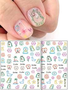 2sheets Cartoon Dinosaur Graffiti Style Nail Stickers Kawaii Sun Face Decals Maple Leaves Manicure Design Decoration DIY - Multicolor - View 1
