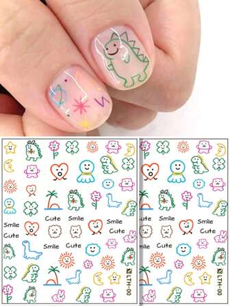 2sheets Cartoon Dinosaur Graffiti Style Nail Stickers Kawaii Sun Face Decals Maple Leaves Manicure Design Decoration DIY