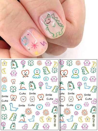 2sheets Cartoon Dinosaur Graffiti Style Nail Stickers Kawaii Sun Face Decals Maple Leaves Manicure Design Decoration DIY