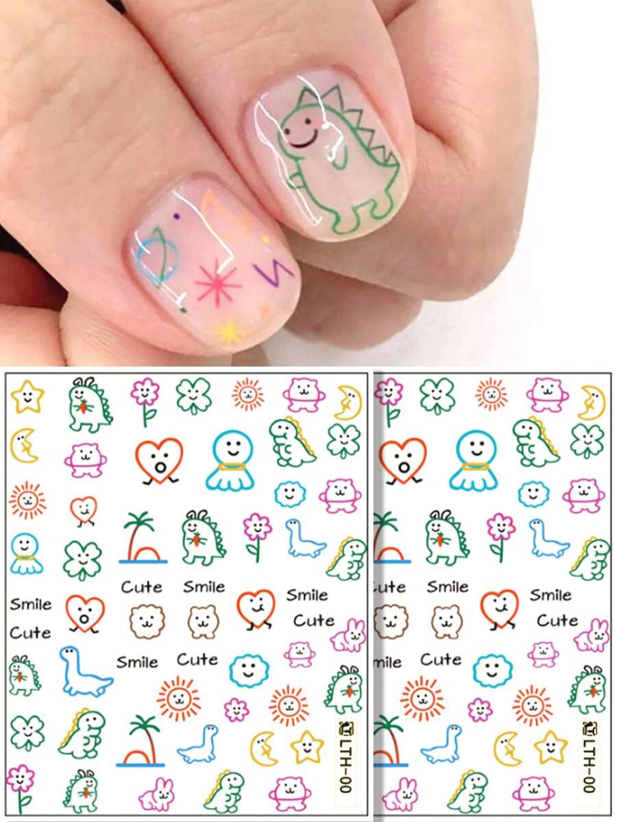 2sheets Cartoon Dinosaur Graffiti Style Nail Stickers Kawaii Sun Face Decals Maple Leaves Manicure Design Decoration DIY - Multicolor - View 1