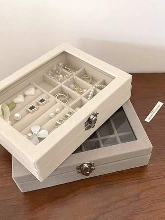 1pc Delicate Velvet Jewelry Storage Display Case With Lockable Glass Lid For Rings, Necklaces, Earrings Dust-Proof