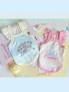 1 件可爱卡通印花宠物背心，时尚马卡龙色猫/狗无袖连衣裙，带可爱耳朵装饰，小翼袖，适合贵宾犬、比熊犬和其他小型宠物品种的家用和户外牵引绳