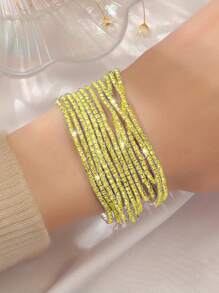 12pcs Sparkling Yellow Rhinestone Elastic Bangle Bracelet Set, Y2K Pink Bridal Wedding Party Bracelet