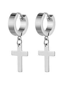 1 par de brincos masculinos com pingente de cruz personalizado, sem piercing, clipes de orelha de aço inoxidável, brincos minimalistas de hip hop para casais, adequados para encontros, férias, festa