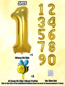 5pcs/Set Bee Balloon Set, 40-Inch Gold & Light Green Number Foil Balloons + Mini Cartoon Bee Balloons, Suitable For Birthday Party Decorations - Multicolor - View 9