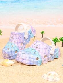 女童可爱卡通木屐，休闲防滑透气一脚蹬软底拖鞋，鱼鳞印花，适合散步凉鞋 - 白色 - 查看 3