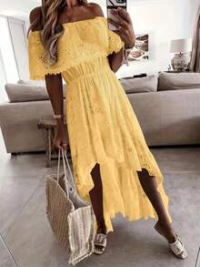 Váy dài hở vai thêu ren khoét rỗng phong cách Boho, trang phục thường ngày cho kỳ nghỉ bãi biển, mùa xuân/hè - Màu vàng - Xem 6