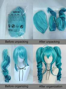 Kurze gerade blaue Bob-Perücke mit Pony und doppelter langer lockiger Pferdeschwanz-Verlängerung aus hitzebeständiger synthetischer Faser, Haarsatz für Anime-Cosplay-Kostüme, Partys, Halloween, blaue Perücke mit abnehmbaren Zöpfen, doppelter lockiger Farbverlauf blauer Pferdeschwanz-Perücke für Frauen