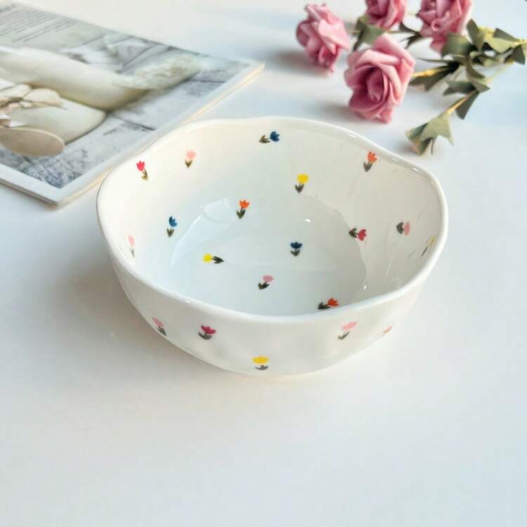 1pc Ins Style Hand-Painted Mini Heart Shaped Ceramic Bowl, Retro Ditsy Floral Pattern 5 Inch Dessert/Snack/Cereal Bowl, Elegant 370ml/12.5oz,School Supplies - Multicolor - View 14