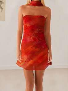 Women Mini Dress, Strapless Backless Flower/Solid Slim Fit Summer Tube Dress Clubwear With Scarf - 珊瑚橙 - 查看 4