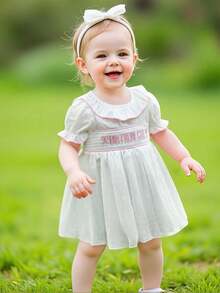 6M-4T Baby Girl Birthday Dress Short Sleeve Cake Embroidery Smocked Summer Party Dress,Without Headband - Pink - View 1
