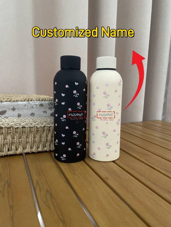 1 pieza Botella deportiva de estilo americano personalizada con nombre, de boca estrecha de 500ml, con estampado floral elegante de impresión UV a color, de acero inoxidable de doble capa y vacío aislado de gran capacidad para uso en exteriores