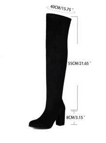 Women Minimalist Over The Knee Back Chunky Heeled Faux Suede Classic Sock Boots,Match Any Jeans - Black - View 7