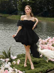 Faeriesty Elegant Stylish Bubble Sleeve Graduation Dress With Large Back Bowknot & Floral Applique | Luxury Party Dress For Weddings, Birthday Outfits, And Red Carpet Events, Prom Dress