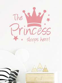 1pc Crown Wall Decals Princess Sleep Here Wall Stickers Little Crown Star Art Quotes Wall Decal Removable DIY Mural Art Words With Flower Quotes Vinyl Decal For Home Decorations, For Girls Bedroom Living Room Nursery Home Background Decoration, Rama Decoration Stickers Gifts Birthday Graduation
