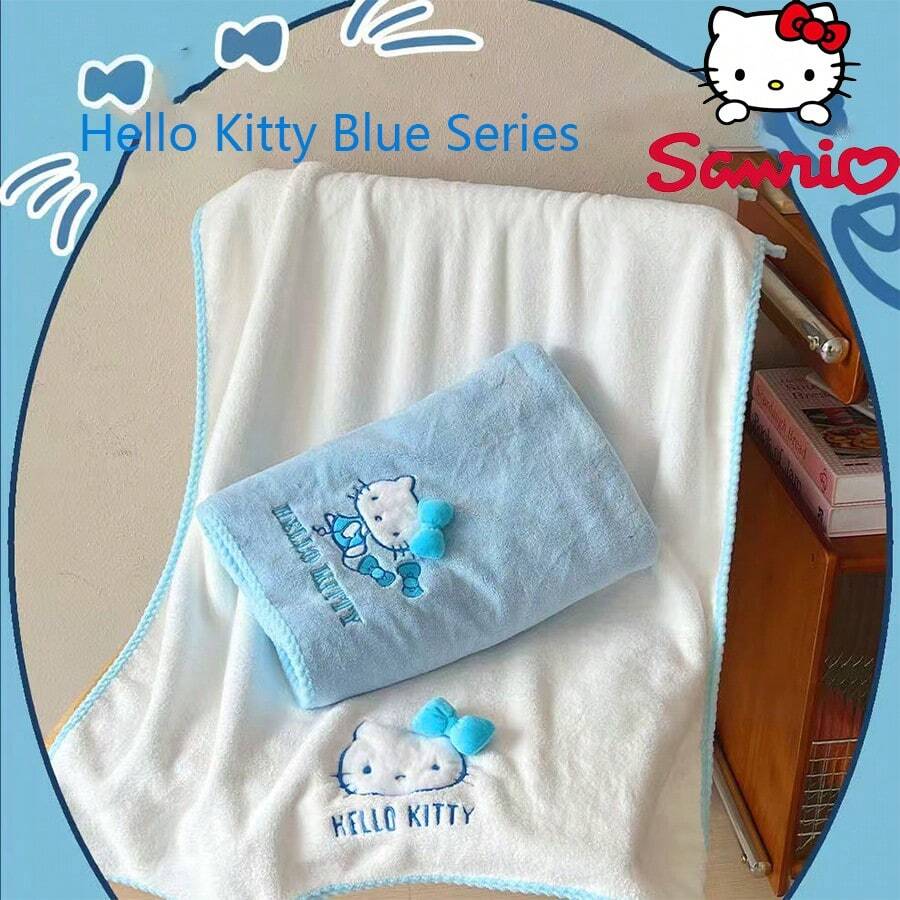 Sanrio Hello Kitty Cartoon Cute Towel And Bath Towel, Blue Series Bath Flower, Scrubbing Gloves, Super Soft And Absorbent Quick Drying Towel That Won't Shed Hair, Bath Towel, Very Suitable For Washing, Showering, And Gift Giving Back To School For Beauty Salon Home Bathroom