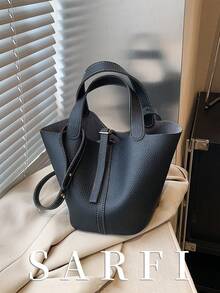 经典时尚女士手提包，高端小众搭扣装饰单肩包，带衬里和内袋，可调节肩带设计，通勤单肩包，简约百搭多功能大容量腋下口袋 - 黑色 - 查看 1