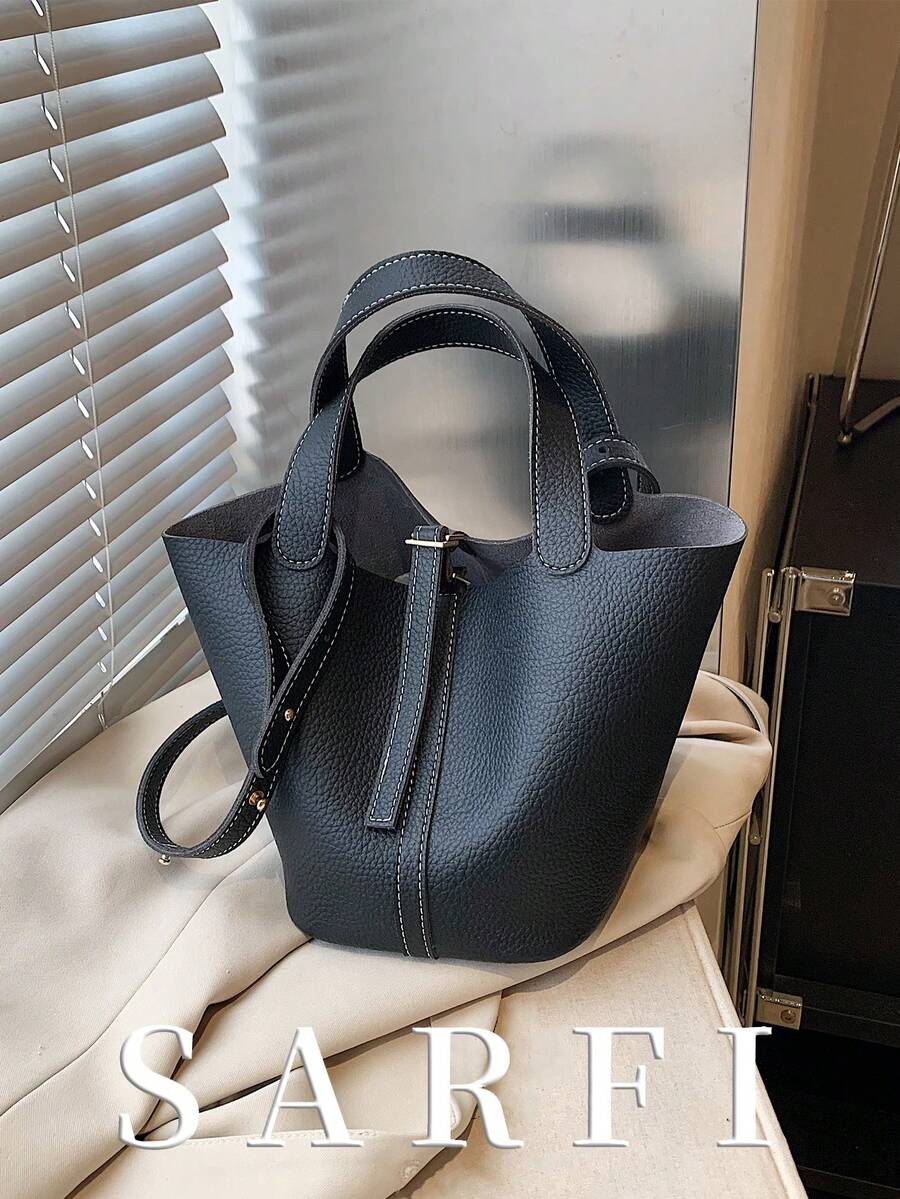 经典时尚女士手提包，高端小众搭扣装饰单肩包，带衬里和内袋，可调节肩带设计，通勤单肩包，简约百搭多功能大容量腋下口袋 - 黑色 - 查看 1