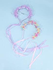 2pcs Purple/ Gradient Flower Heanband,Mesh Pearl Chain Hair Band Hair Accessories For Girls Kids