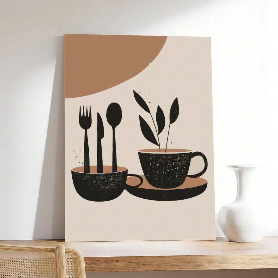 Boho Kitchen Poster Black Coffee Cups Wall Art Minimalist Dining Room Picture Modern Kitchen Decor Poster Canvas Wall Art For Bedroom Decor Bar Office Room Decor Gift - Beige - View 1